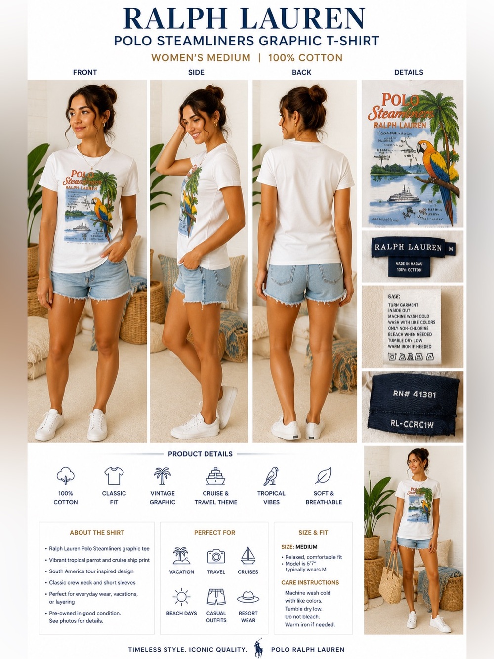 Ralph Lauren Polo Steamliners Parrot Graphic T-Shirt White Women's Medium Cotton